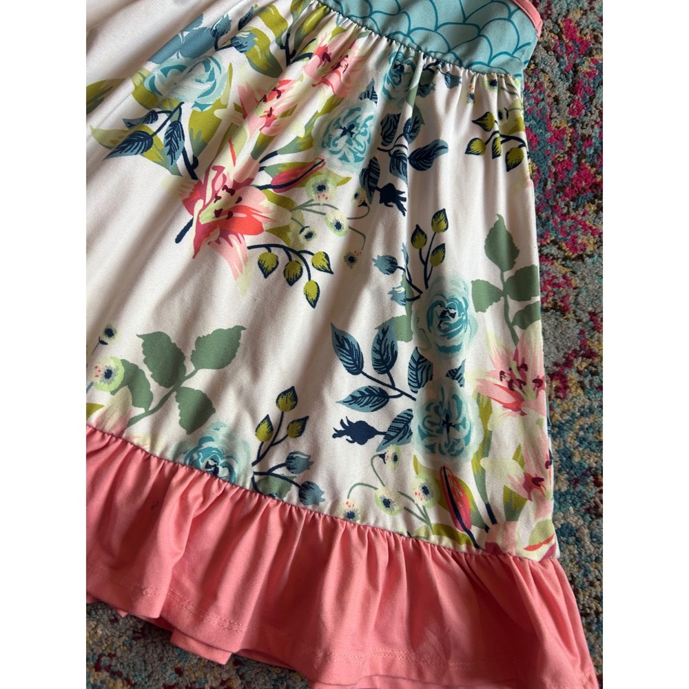 Penelope Plumm Dress Blue Pink Floral Mermaid Scale Ruffle Hem Summer Girl 5 - Picture 4 of 10